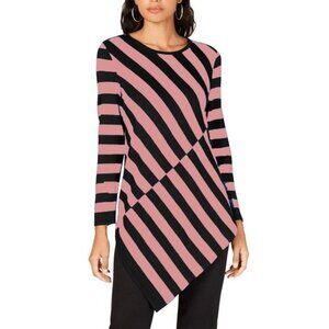 Alfani Womens Stripe Asymmetrical-Hem Tunic Sweater Black and Pink Size Medium